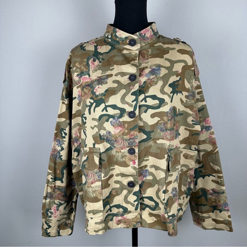 Umgee Floral Camo Jacket Women Medium Button Up Band Collar Pockets Utility Boho